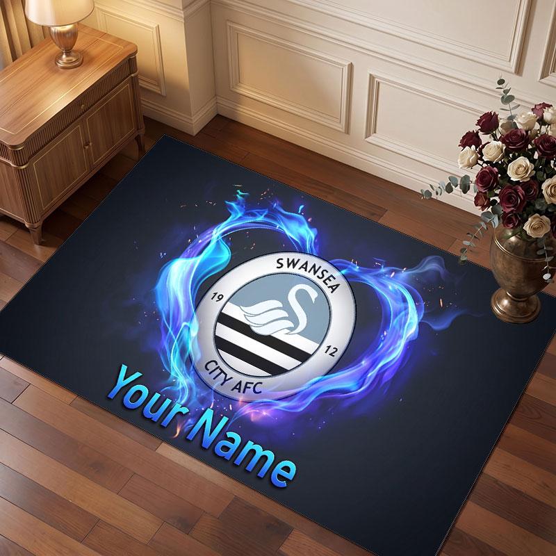 Swansea City FC Custom Crystal Velvet Rug, Personalized Name Text Print, Football Logo Soft Non‑Slip Floor Mat Home Decor Gift