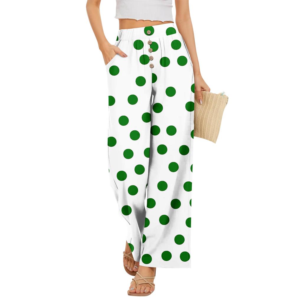 Damen Sommer Locker Weites Bein Hose Elastischer Bund Knopfleiste Vorne Mit Taschen Polka Dot Farbverlauf Druck Lässige Hose