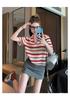 Striped Shoulder Versatile Casual Knitted Short-Sleeved T-Shirt for Women