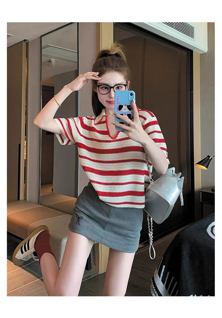 Striped Shoulder Versatile Casual Knitted Short-Sleeved T-Shirt for Women
