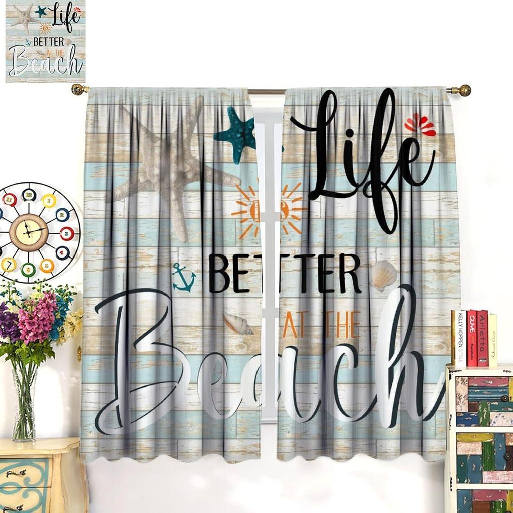 Ocean Curtains  Vintage Wooden Panel Summer Ocean Beach Theme Starfish Shells Print Rod Pocket Window Treatments Drapes for Bedro