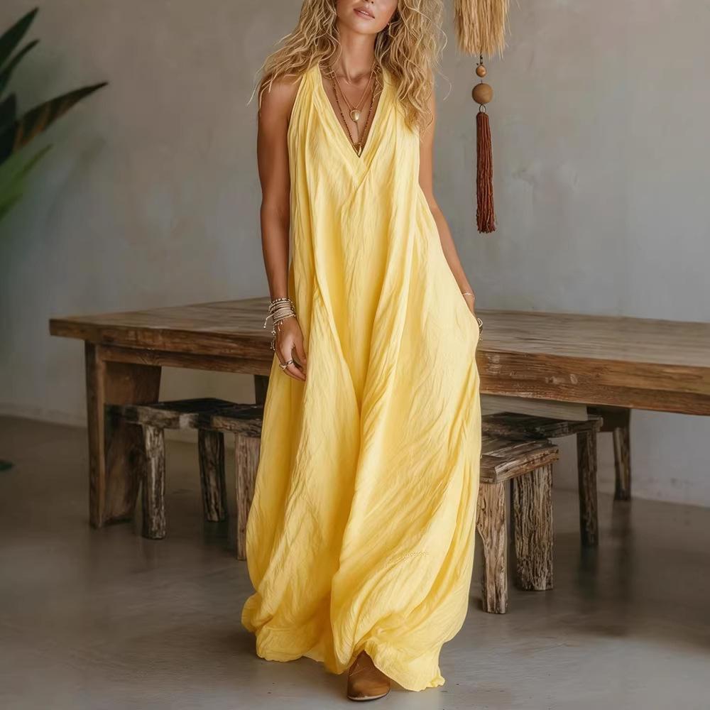 Women's V Neck Sleeveless Solid Color Loose Fit High Waist Casual Maxi Dress Sundress