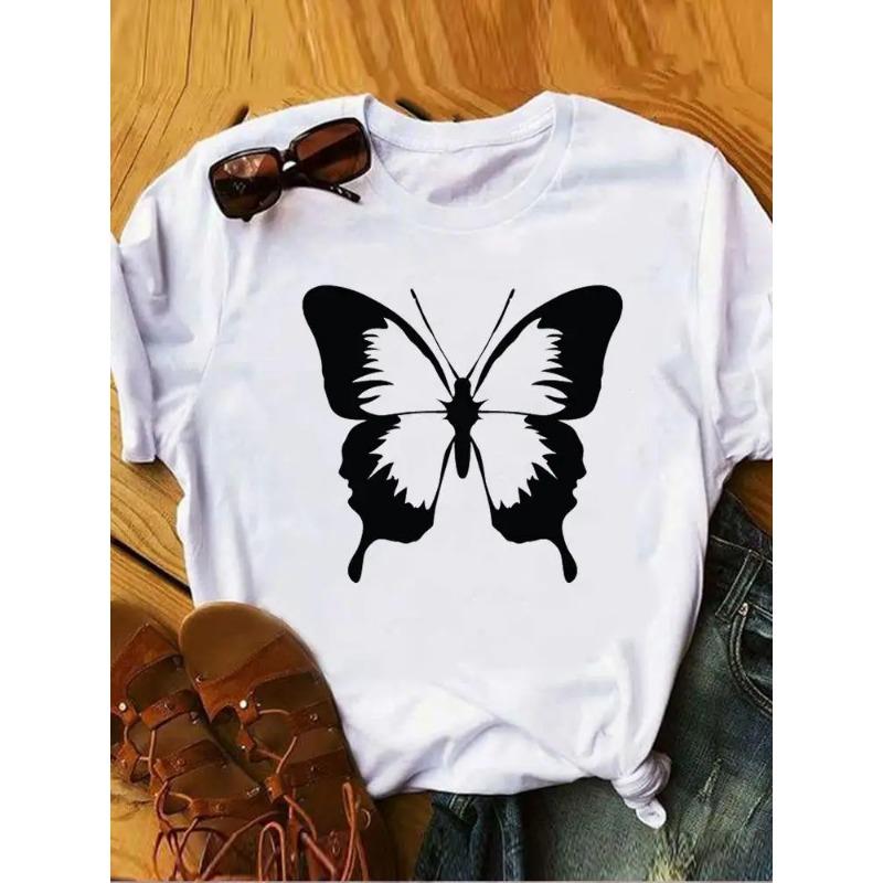 Love Heart Butterfly Trend Summer Clothes Womens Clothing Ladies Print Fashion Tshirts Short Sleeve FeUnisex Graphic Tee Fashion