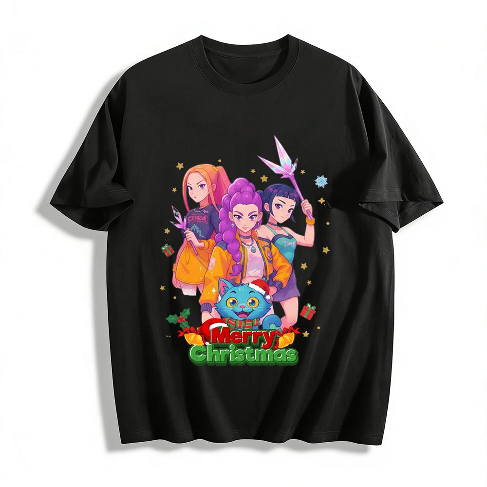 

Christmas Magic Girls & Cute Cat Print Top Festival Vibe Casual Unisex T-shirt Pure cotton T-shirt XXS