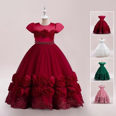 Children's Embroidered Floral Princess Dress with Beaded Puffy Skirt for Special Occasions
