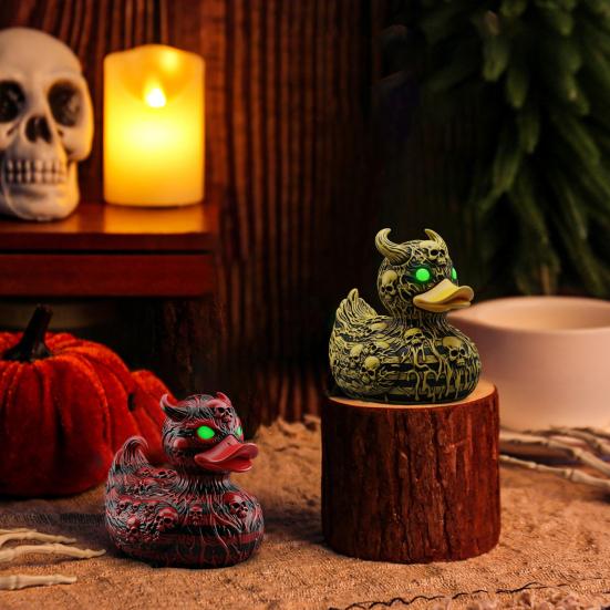 Djevelhodeskalle Andefigur Gotisk Punk Halloween Andepynt Resin Demon Andestatue med Glødende Grønne Øyne til Skrivebords- Bilpynt