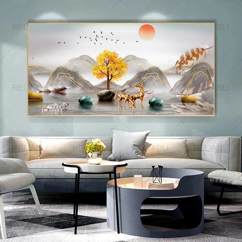 Modern Abstract Decorative Painting Deer Tree Ribbon Canvas Prints Wall Art Pictures for Living Room Light Luxury  Home Decor
