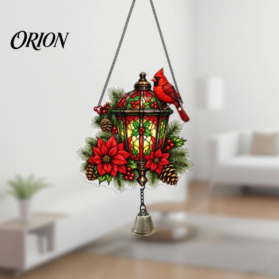 Weatherproof Hanging Decoration Vintage Lantern Bird Flower Ornament, Stained Glass Acrylic Window Squirrel Decor, Door with Bell Ornament