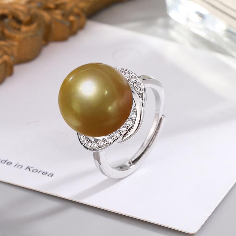 

Открытое регулируемое кольцо с 14-миллиметровым золотым, белым, шампанским и фиолетовым жемчугом из ракушек и цирконами для женщин Adjustable Open