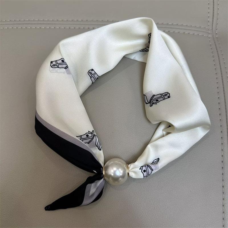 

47*15cm Small Square Scarf with Pearl Necklace, Magnetic Clasp, Lazy Person’s Scarf, Women’s Neck Guard, Choker, Clavicle Chain, Scarf