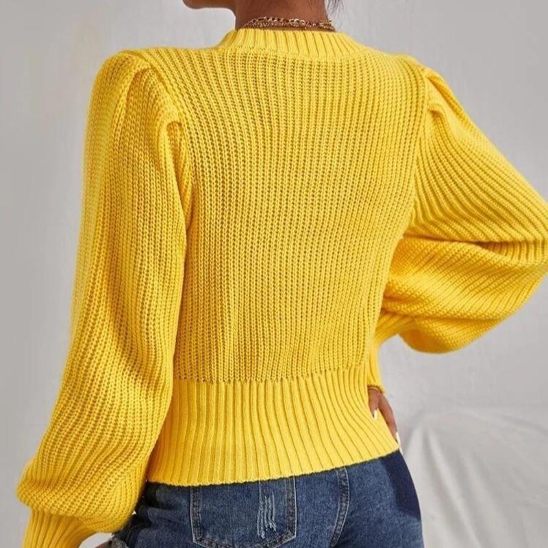 Solid Color Knitted Sweater Women's Round Neck Pullover Lantern Sleeve Top