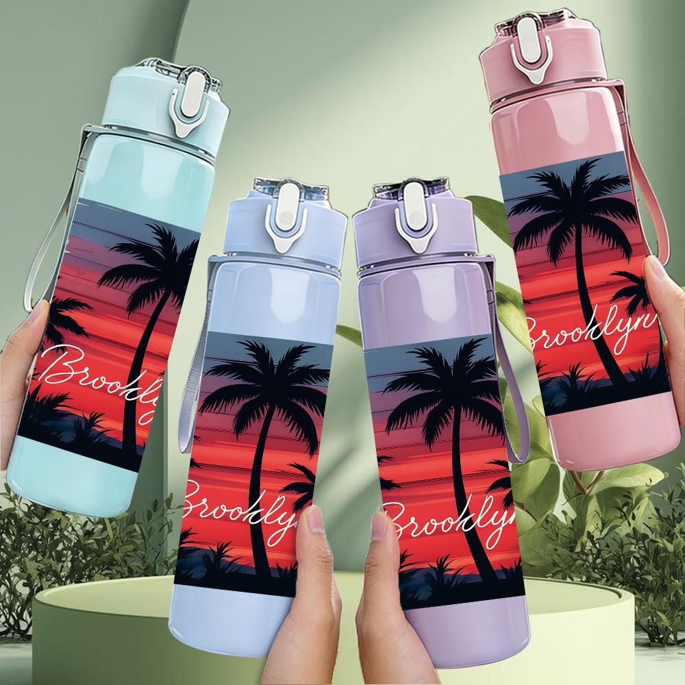 1PC Sunset Palm Tree Tropical Print 750ml Color Plastic Sports Water Bottle Leakproof Flip Straw Lid Suitable for Sports Office Home Use