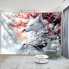 White Fox Tapestry, Mystical Wolf with Red Cherry Blossoms, Japanese Style Animal Wall Hanging for Living Room Bedroom