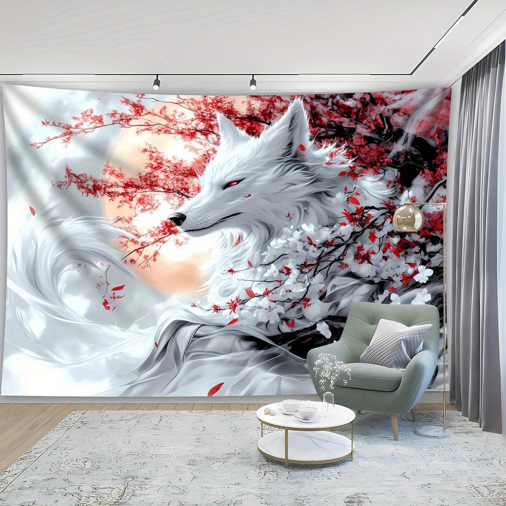 White Fox Tapestry, Mystical Wolf with Red Cherry Blossoms, Japanese Style Animal Wall Hanging for Living Room Bedroom