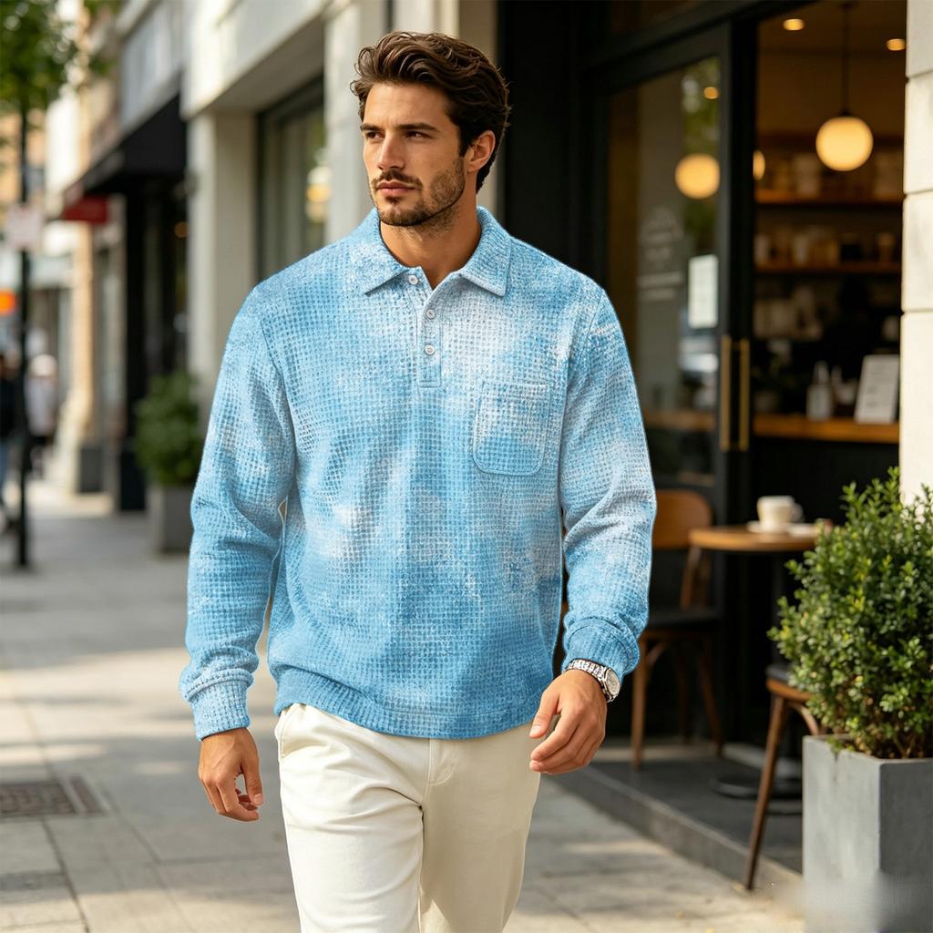 Men's Fall Casual Outdoor Knit Pullover Long Sleeve Top with Collar and Pocket, Printed