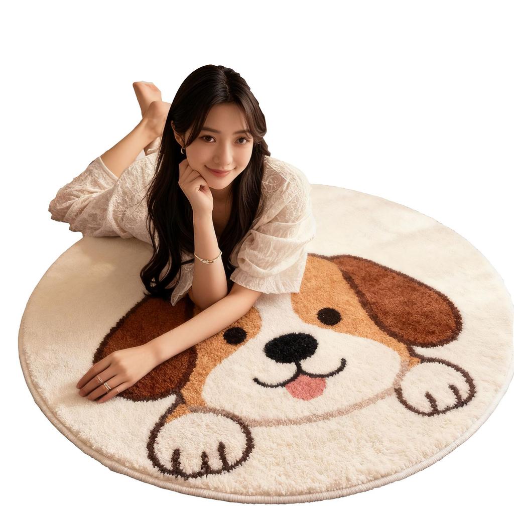 Cartoon Dog Round Non-Slip Bedside Rug - Soft Imitation Cashmere Chair Cushion