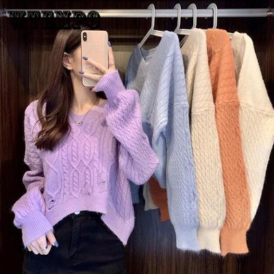 V-neck Ripped Purple Twist Sweater Women's Loose Pullover for Autumn and Winter Wear Short Bottoming Sweater Top
