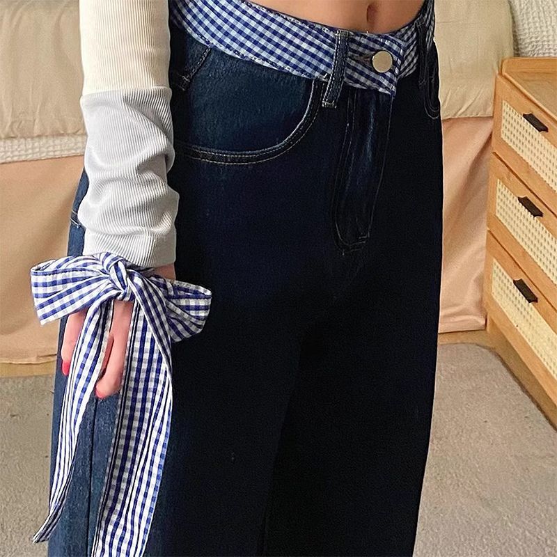 Patchwork Jeans Women High Waist Slimming Dark Blue Loose Wide Leg Floor Length Pants