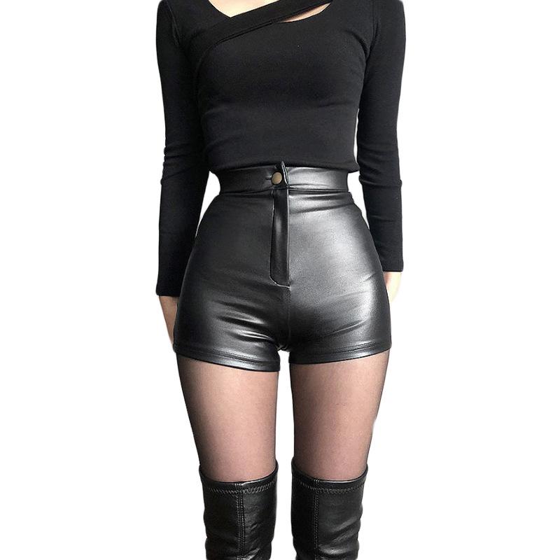 809# Women's High-Waisted Black PU Leather Shorts - Sexy, Tight, Hip-Hugging Autumn/Winter Base Layer