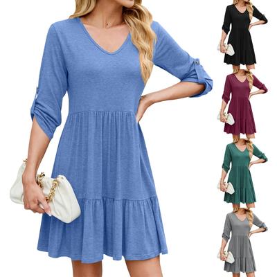 Fashion Loose Mid-sleeve V-neck Pleated Ruffled Dress For Women