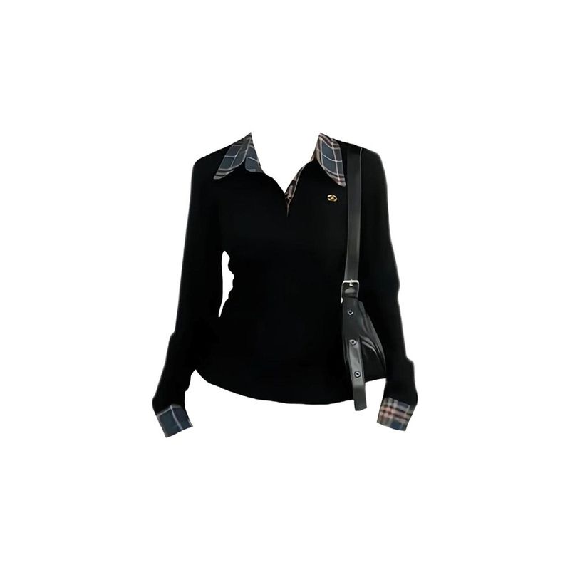 Plus Size Chubby Girl Korean Style Plaid Lapel Stitching Long Sleeve T-shirt Women's Autumn New Arrival Silm Slim Fit Versatile Top Tide