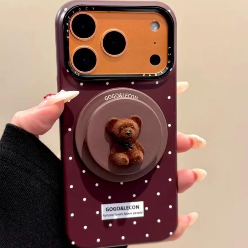 3D Little Bear Magnetic Phone Stand for MagSafe - Retro Brown Background, Strong Adsorption, Desktop Holder