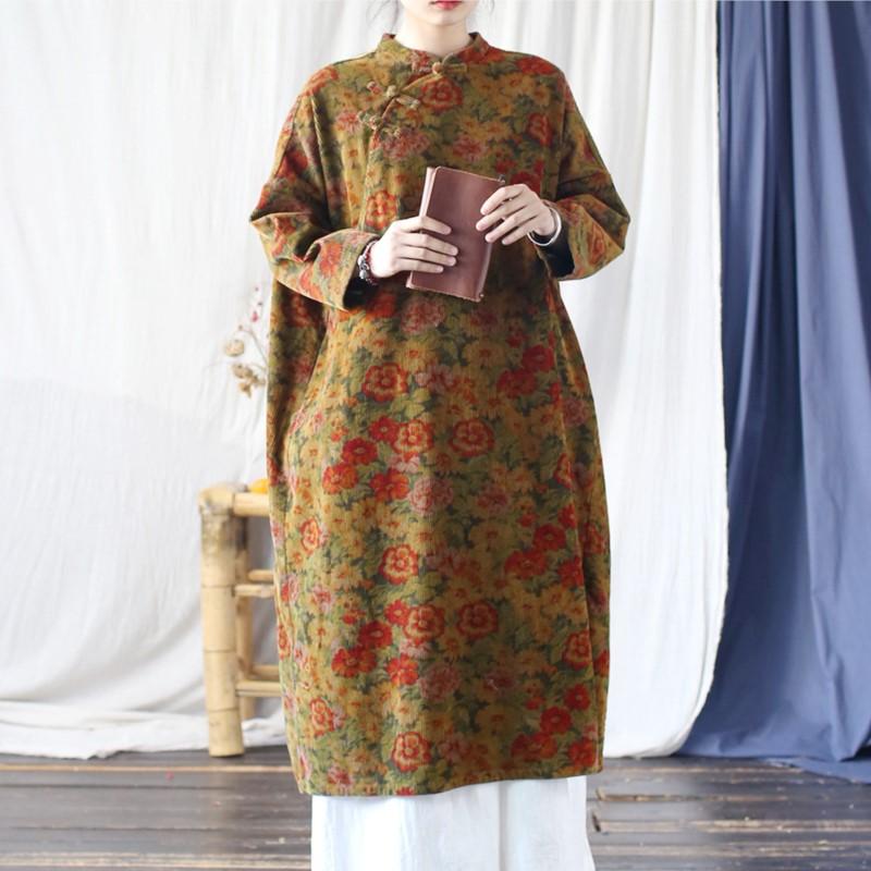 Johnature Women Vintage Dresses Stand Print Floral Long Sleeve Spring Chinese Style A-Line Dress