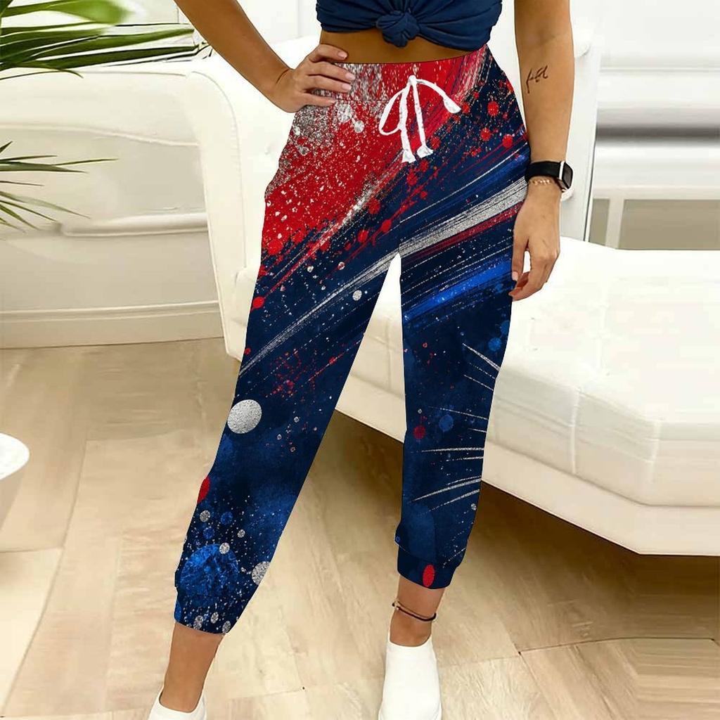 Women Plus Size American Flag Printed Jogger Pants Drawstring Waist Side Pockets Cuffed Ankle