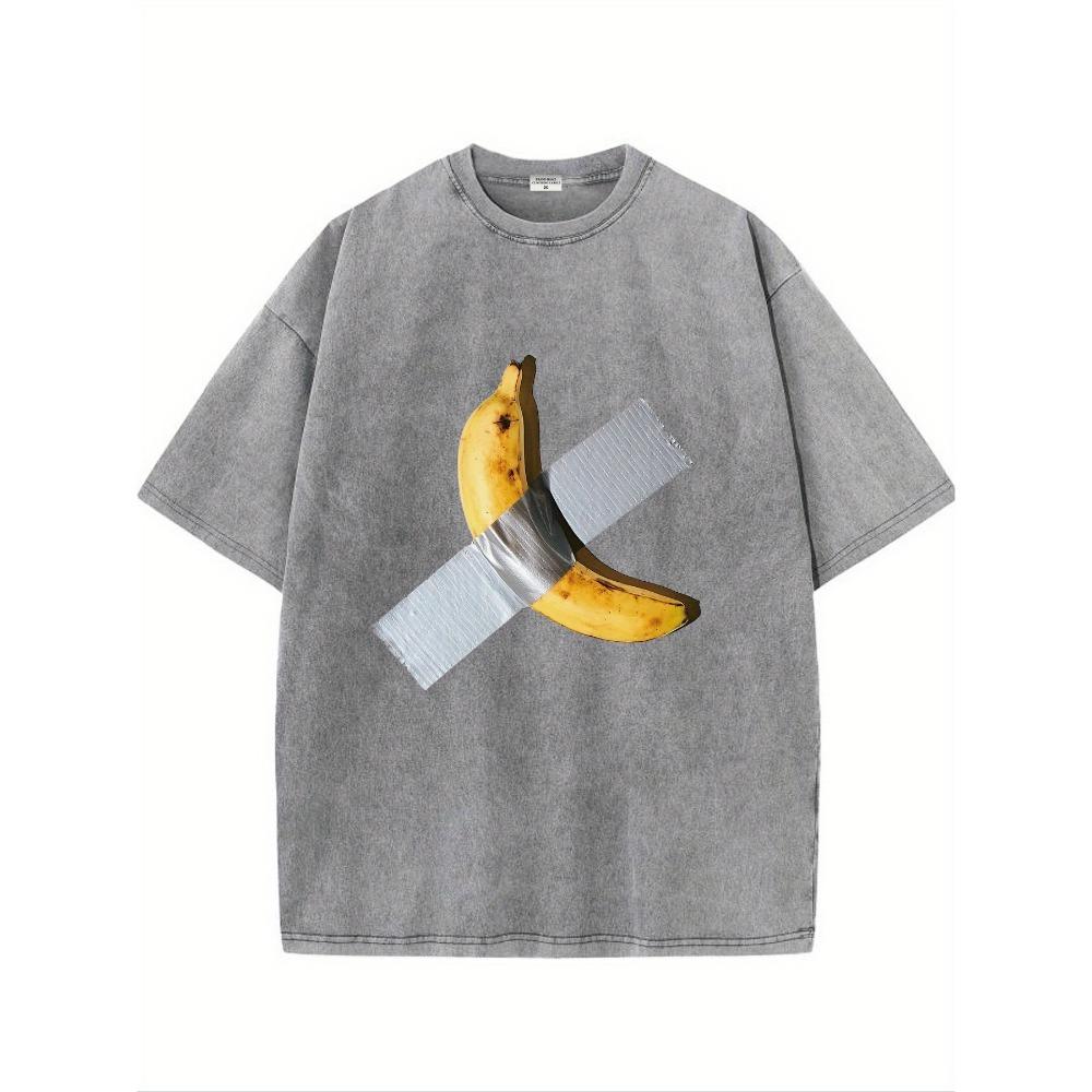 

Мужская винтажная хлопковая футболка с графическим принтом - Короткий рукав, круглый вырез, черная с уникальным дизайном из бананового скотча 3XL