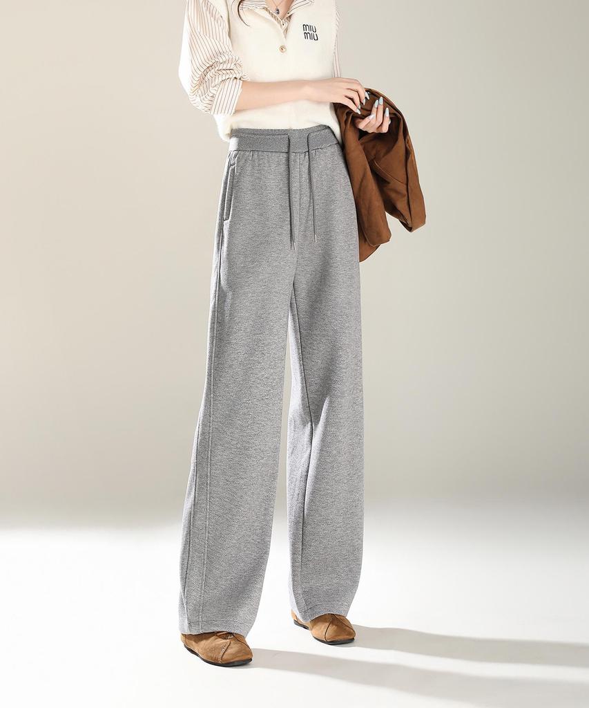 Women's Light Grey High-Waist Wide Leg Wool Pants - Casual Autumn Floor-Length Straight Sport Trousers