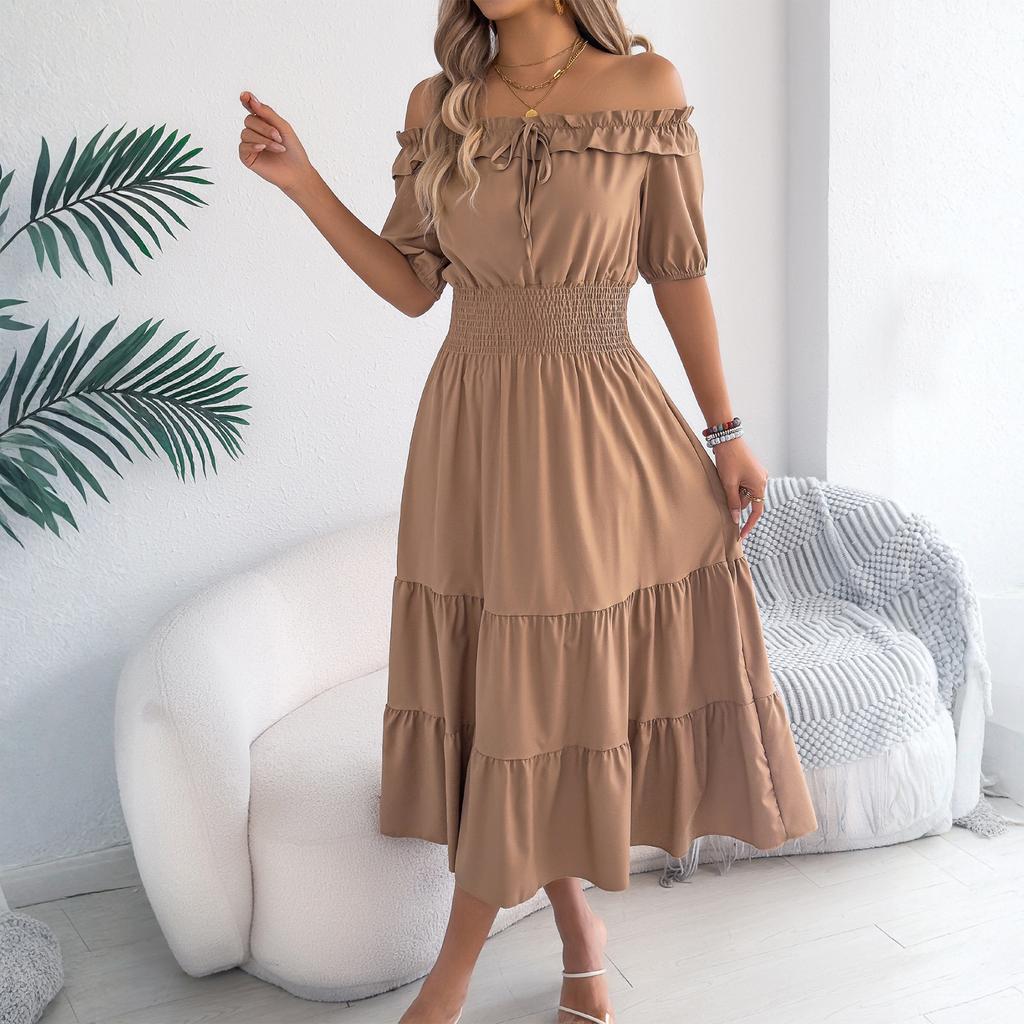 Women's Fashionable Casual Color Off Shoulder Black Fungus Edge Short Sleeved Pleated Waist Dress