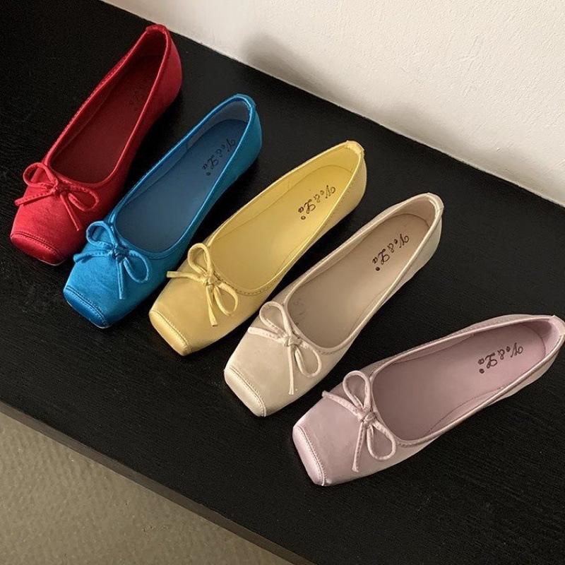 New single shoes ballet shoes spring and summer heightening shoes square head small blue bow women's shoes retro ladyshoes French