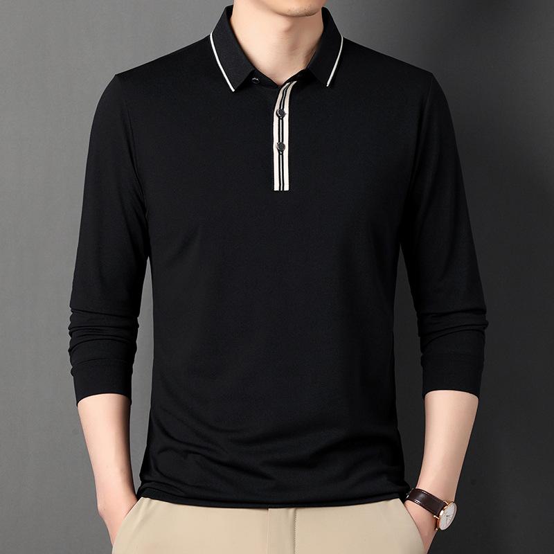 Spring and Autumn Men's Polo Shirt Long-sleeved T-shirt Loose Lapel Bottoming Shirt Solid Color Top for Men