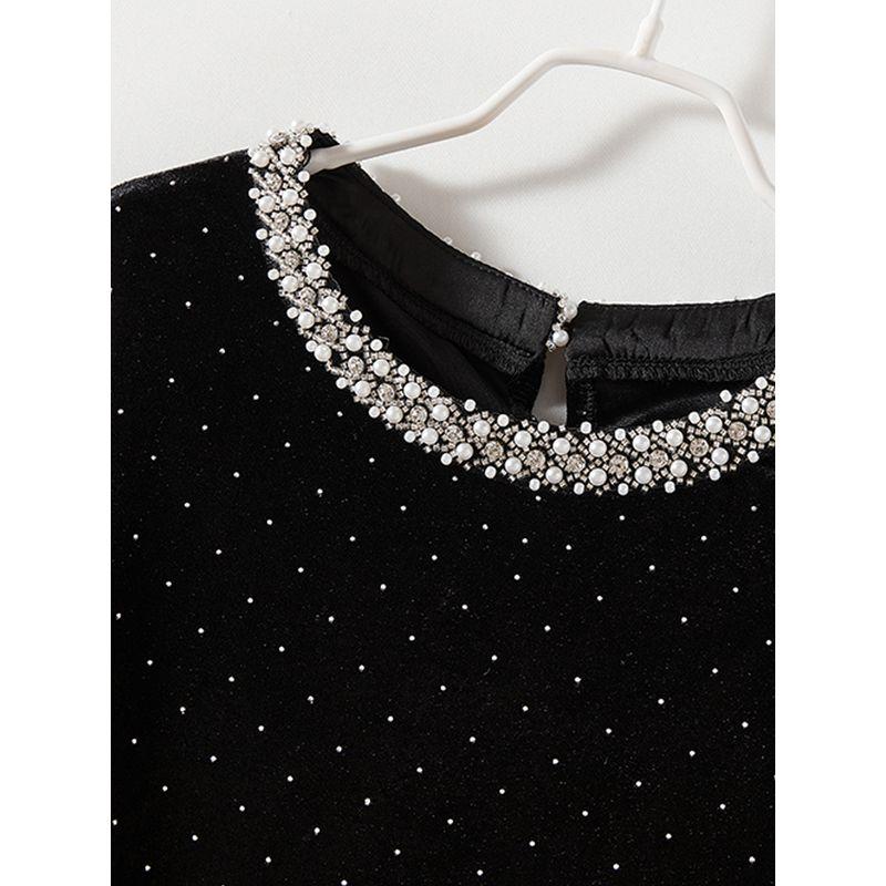 Starry Water Soluble Diamond Tops! Fairy Three-Quarter Sleeve Pearl Collar round Neck Slimming Pleuche T-shirt Thin Coat New