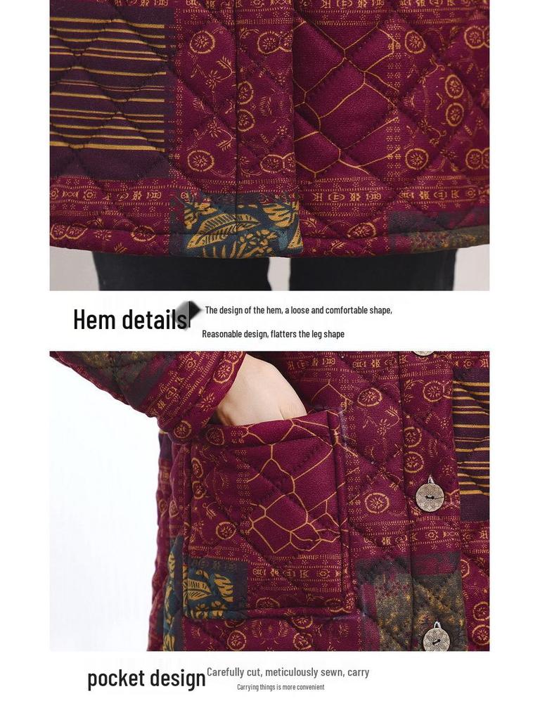 Mid-length Hooded Plus-Size Velvet Thickened Winter Coat for Middle-aged and Elderly Women