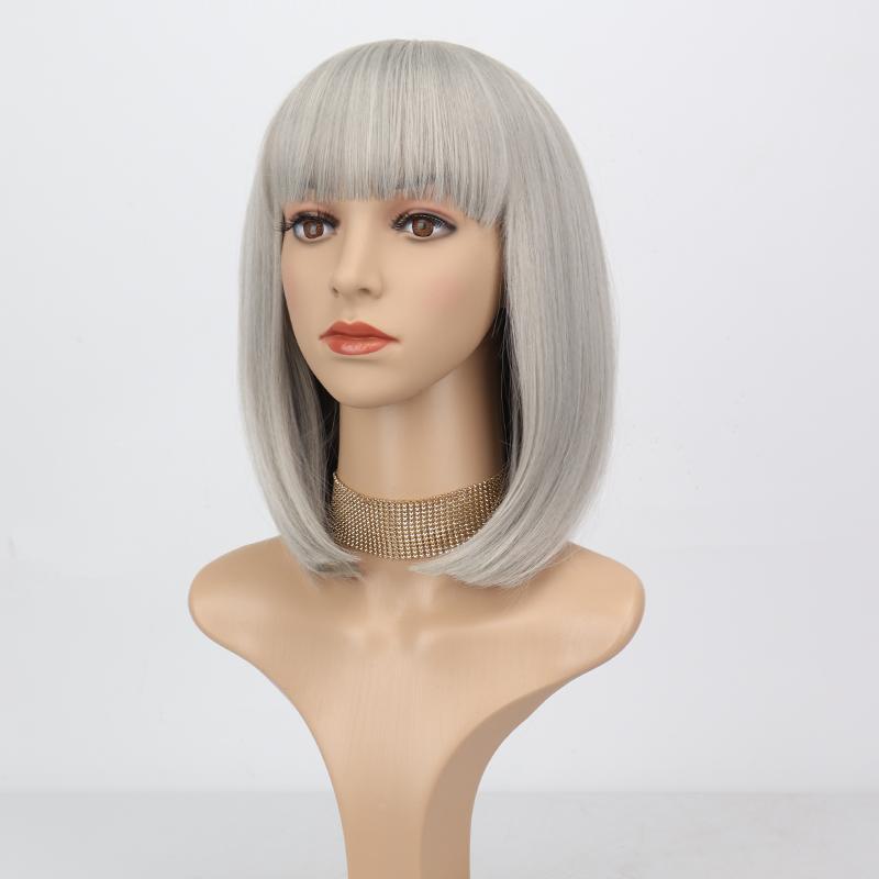 MERISIHAIR Women Short Straight Bob Brown Wig with Bangs Synthetic Fiber Shoulder Length Natural Brown Daily Wear Wig