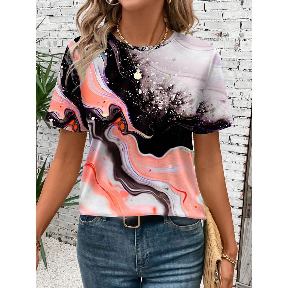 Summer Fashion Women's T Shirt Graphic Marble Modern Stylish Classic Short Sleeve Crew Neck Tees Round Neck Regular Tops