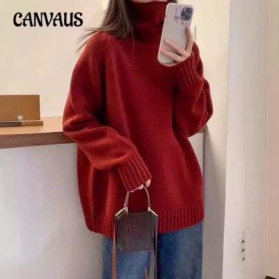 Verdickter Rollkragenpullover in Rot für Damen, Herbst und Winter, lockerer Strickpullover in Übergröße mit langen Ärmeln