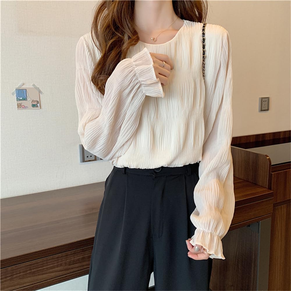 [SYitong] Shirt Blouse, Gathered Shirring Long Sleeve Chiffon Blouse, Lined, Sheer Sleeves, Lightweight Look, Frilled Shirt, Slimming Effect, Figure-F