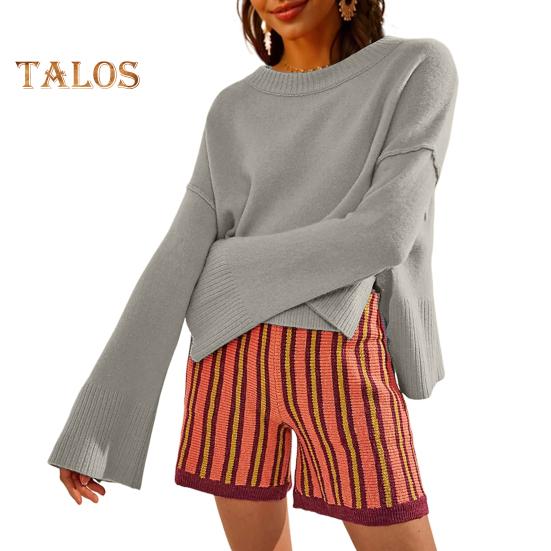 

Вязаный свитер женский повседневный однотонный с круглым вырезом, расклешенный, с длинными рукавами, пуловер, джемпер с асимметричным боковым разрезом, легкий трикотажный топ XL серый