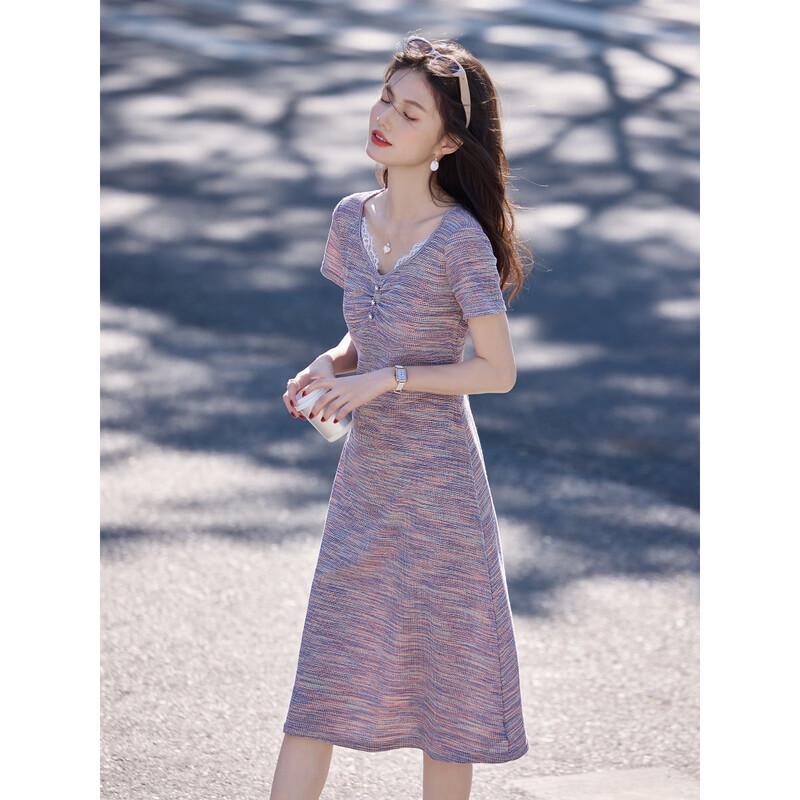 Abito lavorato a maglia da donna con scollo a V stile romantico francese