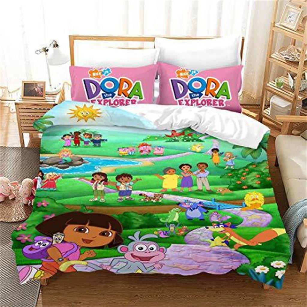 Cartoon Dora Girls Anime Quilt Cover Set, Kids Boys And Girls Duvet Cover, Queen/King/Full/Twin Size, Soft Printed Bedding Set