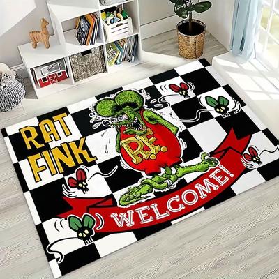 3D Rebellious RAT FINK Cars Sign Cartoon Rug for Bedroom Living Room Sofa Home Doormat Decor, Large Kids Play Non-slip Floor Mat