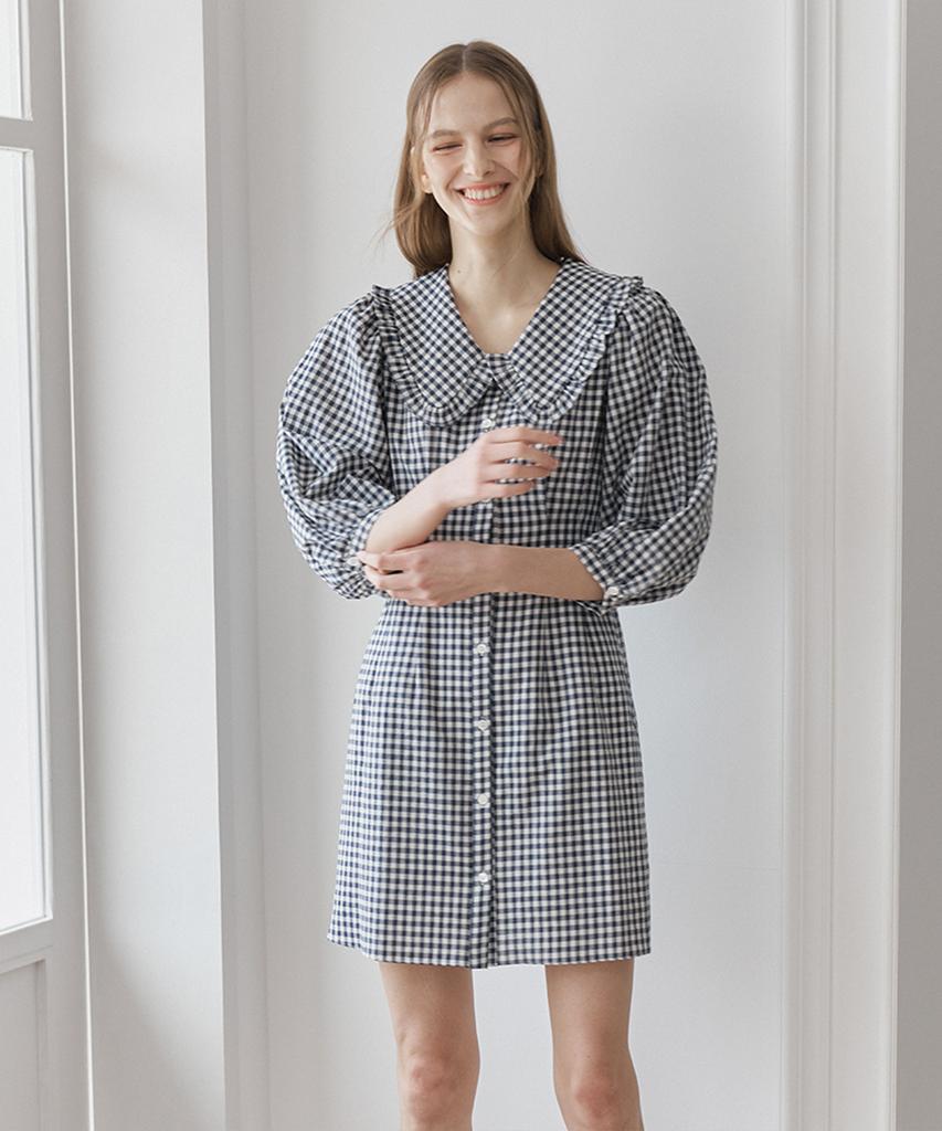 Bember Lace Collar Puff Sleeve Dress_Navy