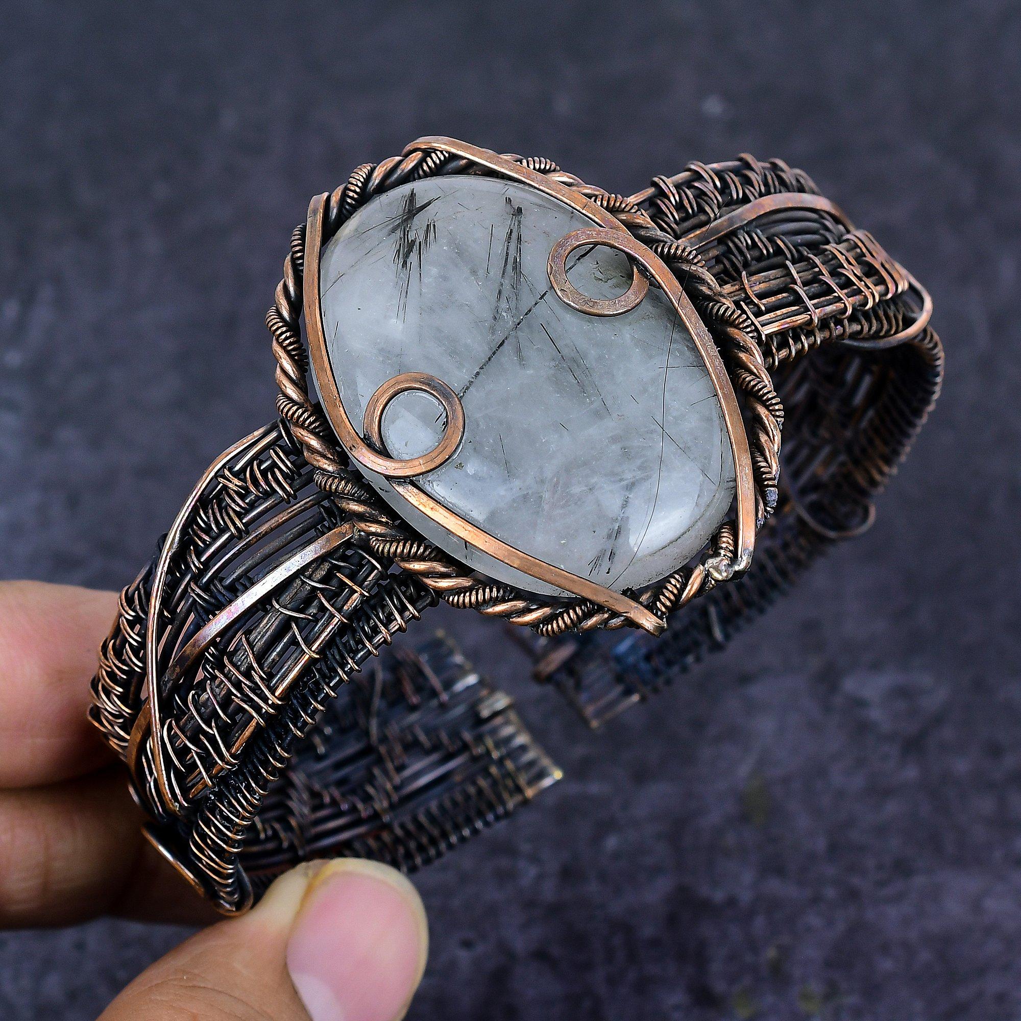 

Натуральный черный рутиловый драгоценный камень, манжета-браслет из медной проволоки, регулируемый L5Y25