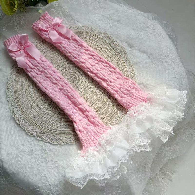 Cable Knit Leg Warmers Boot Cuffs with Bowknot Decorated Sweet Tiered Ruffled Lace Trim Leg Covers Calf Socks for Women