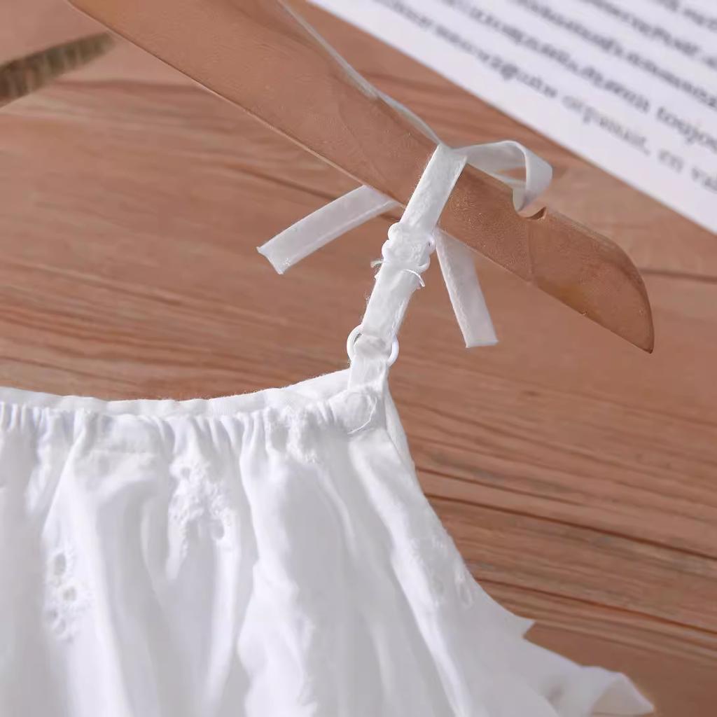 Girls Summer White Hollow Out Strap Princess Dress Middle Big Kids Pure Cotton Stylish Sundress