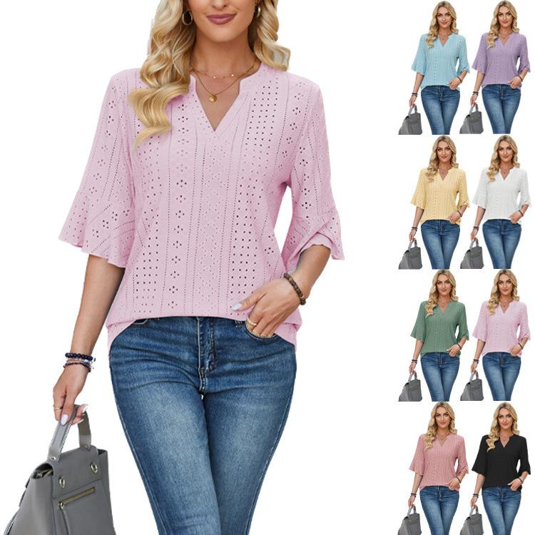 

Women s Summer Blouse New Solid Color Quarter Sleeved Loose Fitting T-shirt Hollow Breathable Solid Color Top Women s Clothing S білий