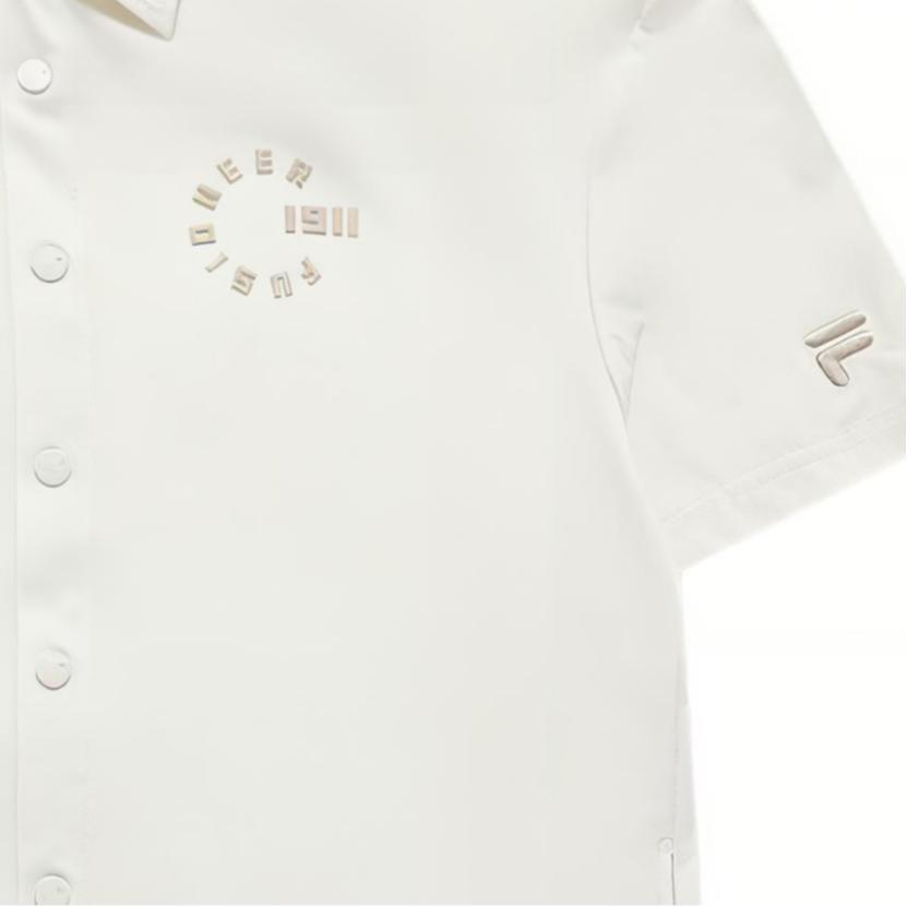 FILA SS24 Solid Color Logo Outdoor Loose Woven Short Sleeve Shirt Unisex shirts Smoky-White T11U423401F-IV