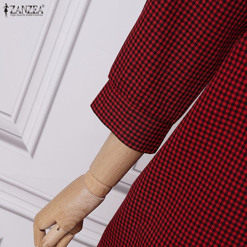 ZANZEA Damen Karoprint Freizeitbluse mit Umlegekragen, 3/4-Ärmel